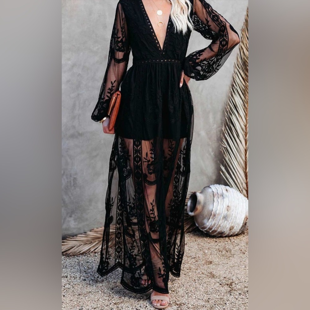 New Aro Lora V Neck Boho Lace Split Maxi Dress, Size S, Color Black.
